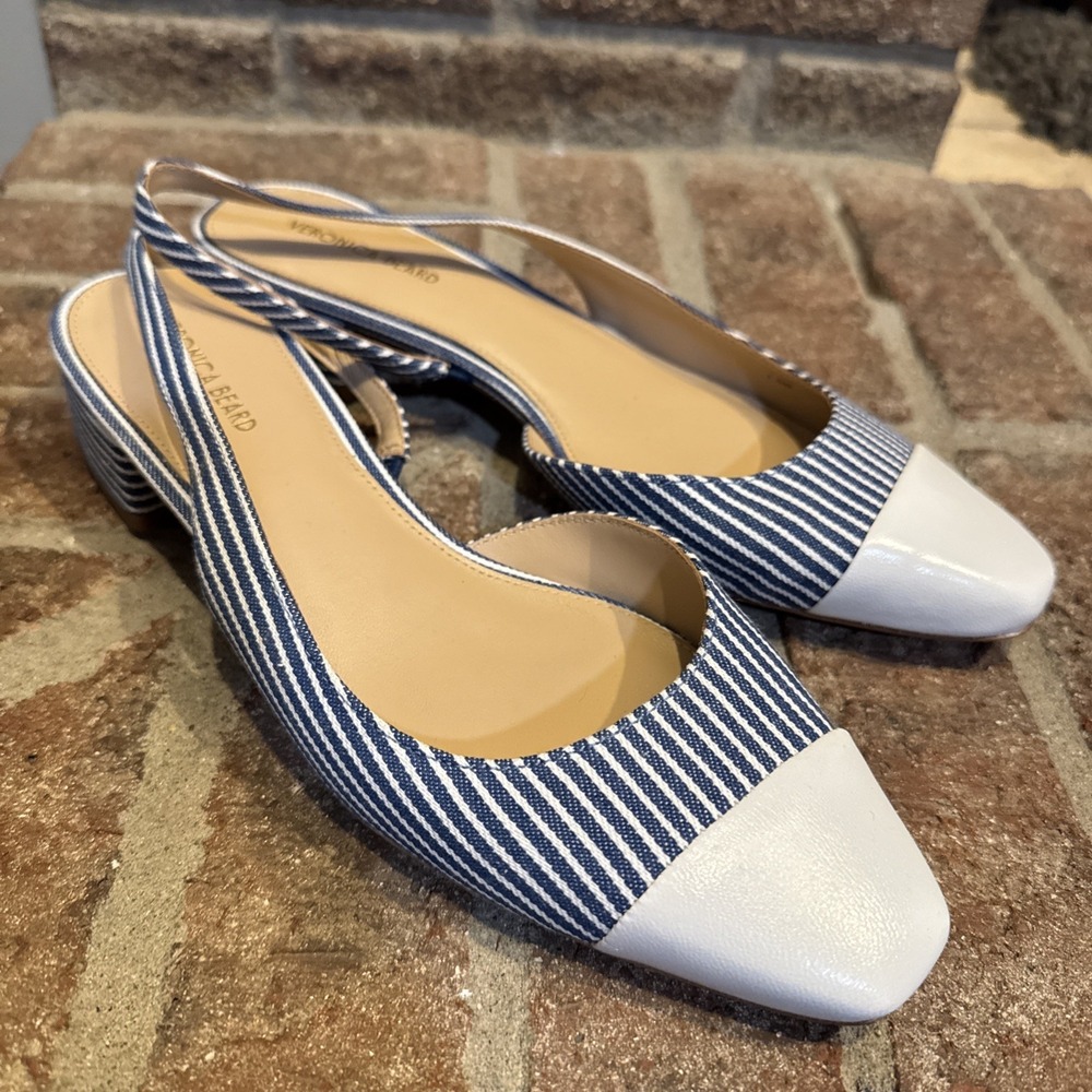 Veronica Beard Cecile Leather Canvas Woman Sz 7.5 Blue Stripe Slingback #817
